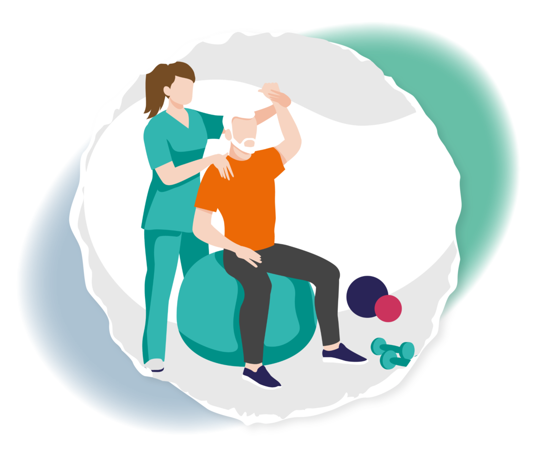 Ein Mann sitzt auf einem Gymnastikball. Hinter ihm steht eine Frau in Arztkleidung, die seinen Arm am Handgelenk fasst und hochhält.