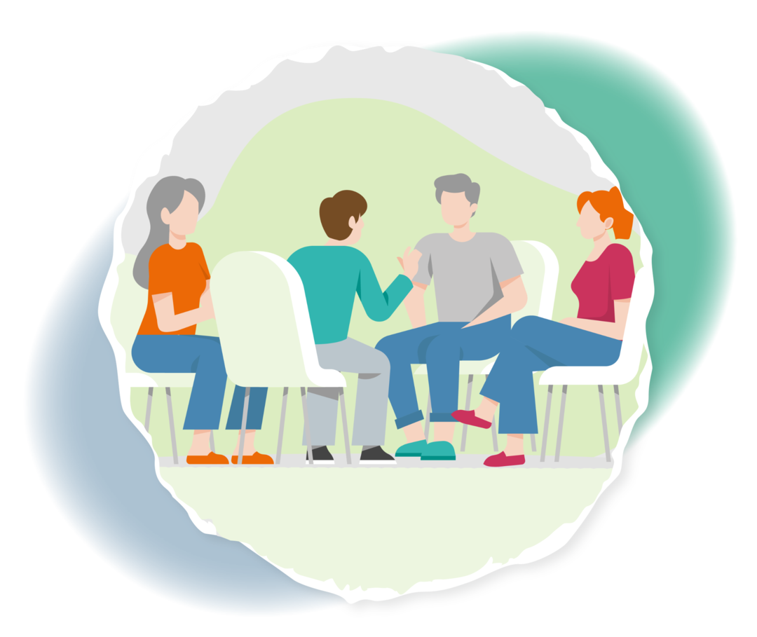 Grafische Darstellung von vier Personen in einem Stuhlkreis.