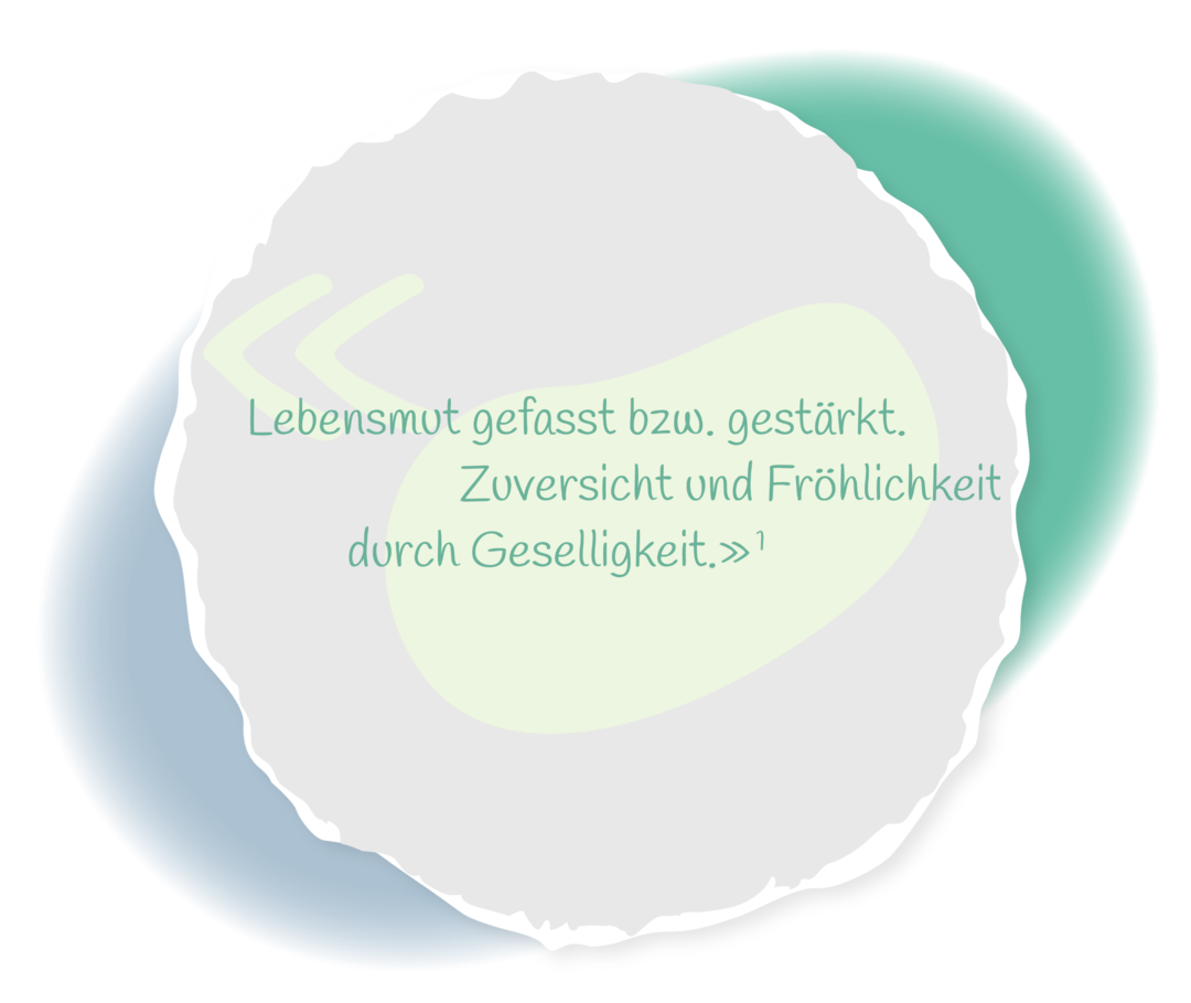 Zitat: Lebensmut gefasst beziehungsweise gestärkt. Zuversicht und Fröhlichkeit durch Geselligkeit.