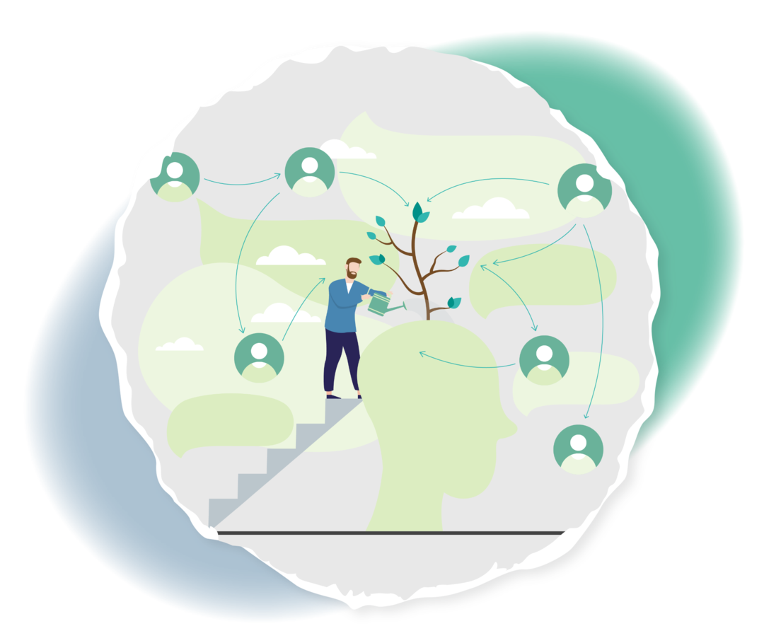 Schematische Darstellung eines Mannes auf einer Treppe, der einen Baum bewässert. Um ihn herum ein Netzwerk zwischen Personen.
