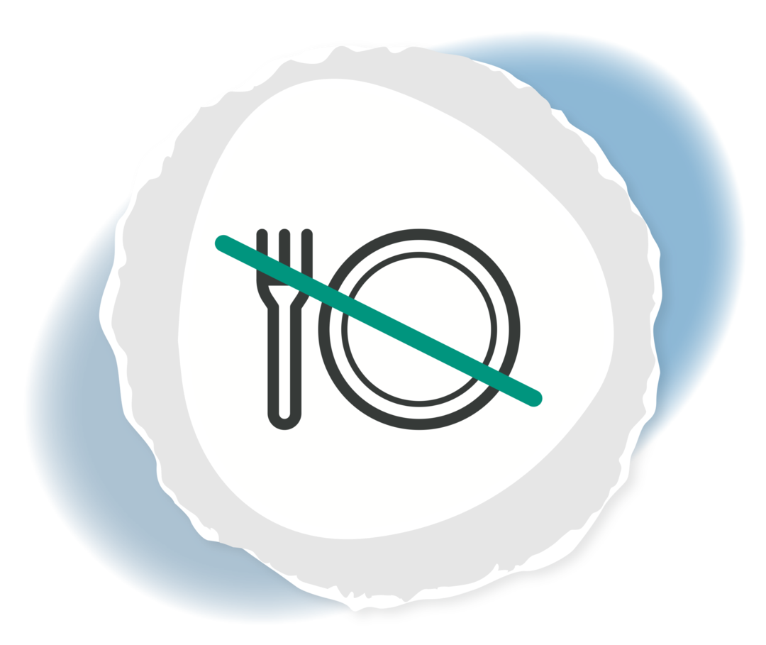 aGvHD: Appetitlosigkeit Eine durchgestrichene Grafik eines Tellers mit danebenliegender Gabel.