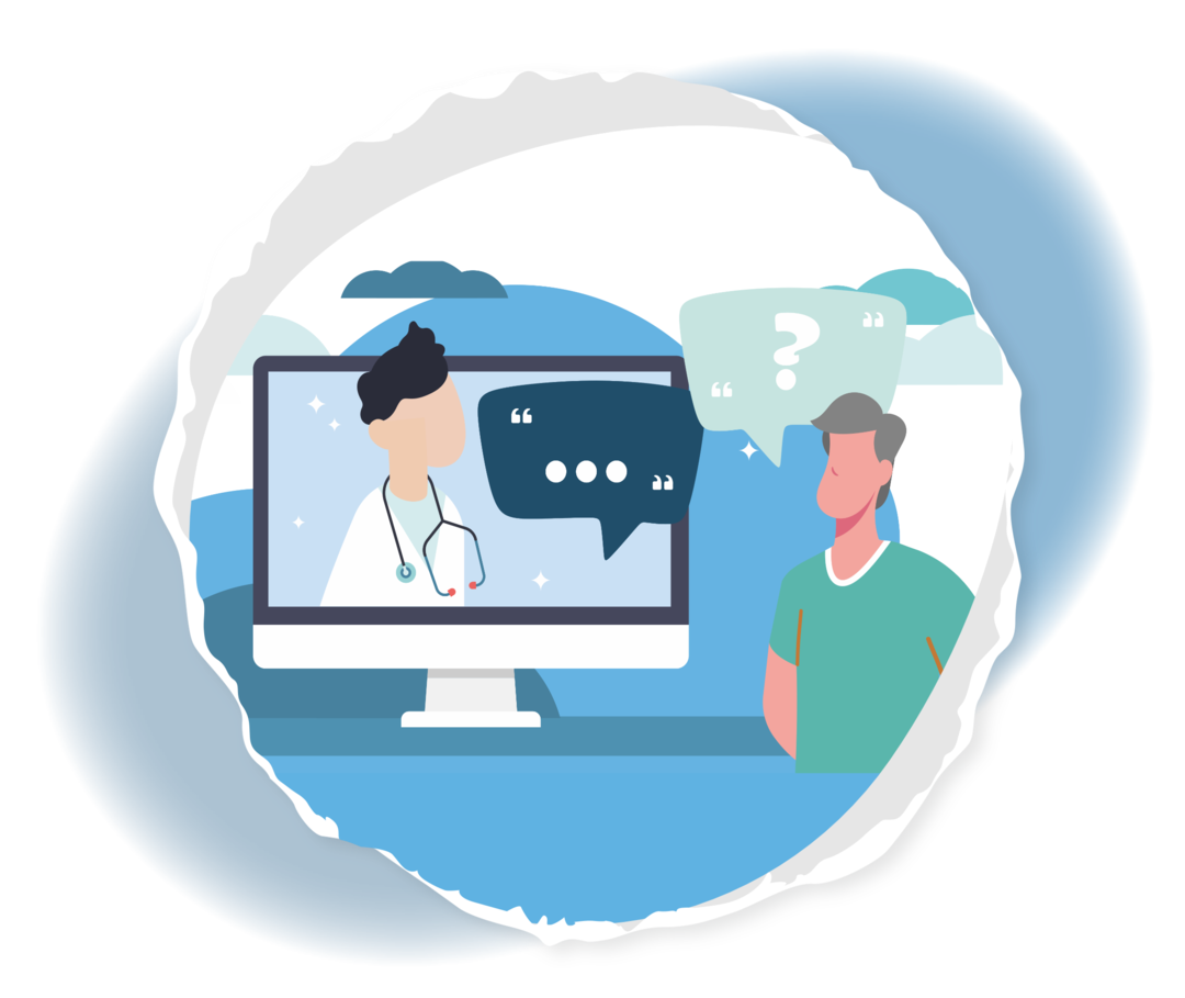 Die Grafik einer Person, die vor einem PC steht, auf der das Bild eines Arztes zu sehen ist. Die beiden stehen im Dialog. 