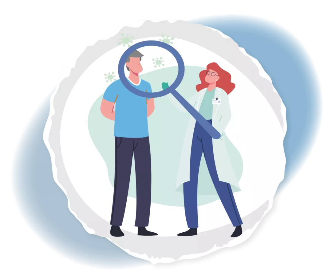 Die Grafik zeigt eine weibliche und männliche Person, die weibliche Person hält der männlichen Person eine Lupe vor das Gesicht. 