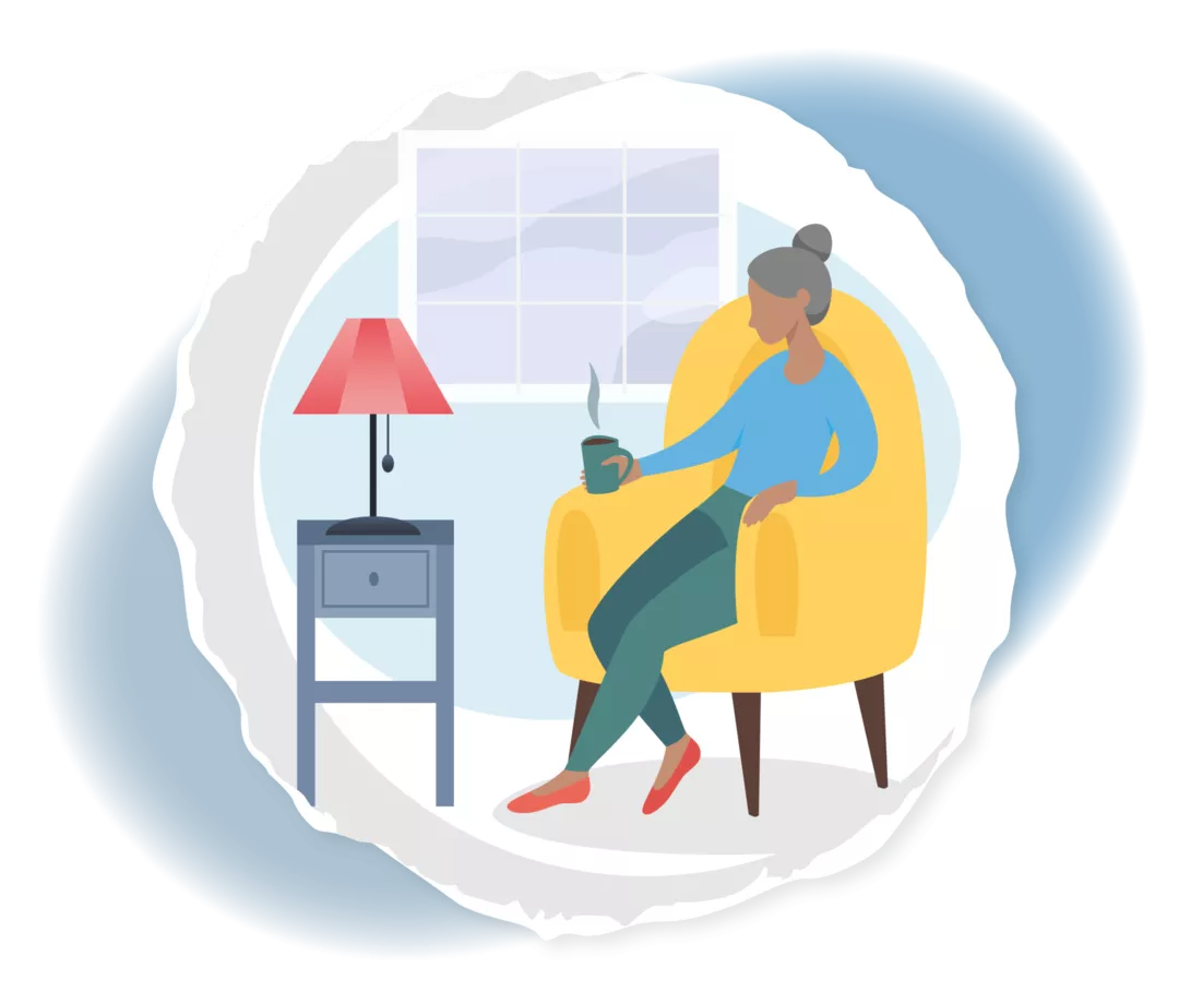 Grafik einer weiblichen Person, die in einem Sessel sitzt und ein heißes Getränk in der Hand hat.