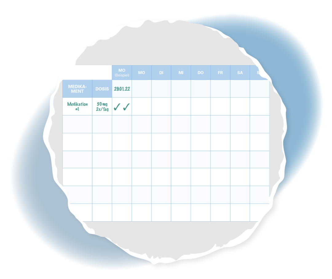 Die Grafik einer Tabelle zur Dokumentation von Medikamenteneinnahmen. 