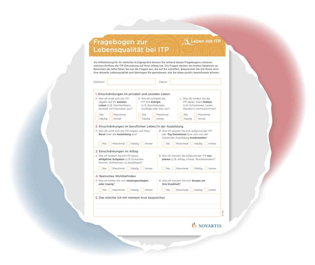 Leben mit ITP: Fragebogen zur Lebensqualität Abbildung des Fragebogens zur Lebensqualität.