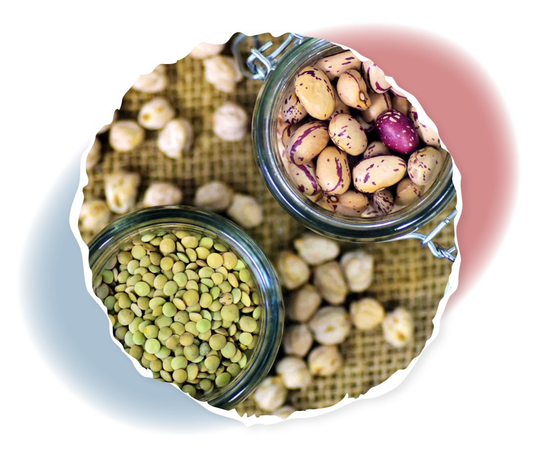 Bild von Linsen, Kichererbsen und Bohnen in Einmachgläsern. 
