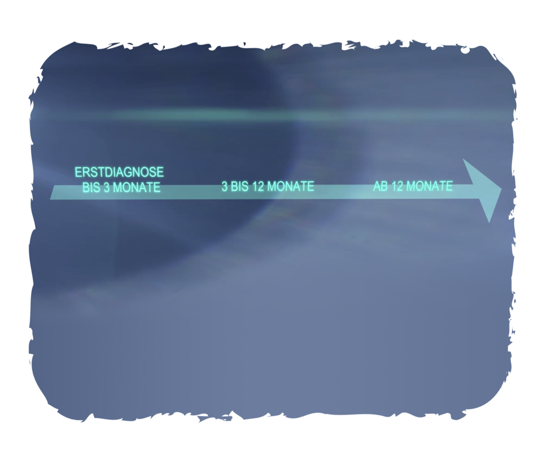 Abbildung eines Zeitstrahls mit drei Abschnitten: Erstdiagnose bis drei Monate, drei bis zwölf Monate, ab zwölf Monate.