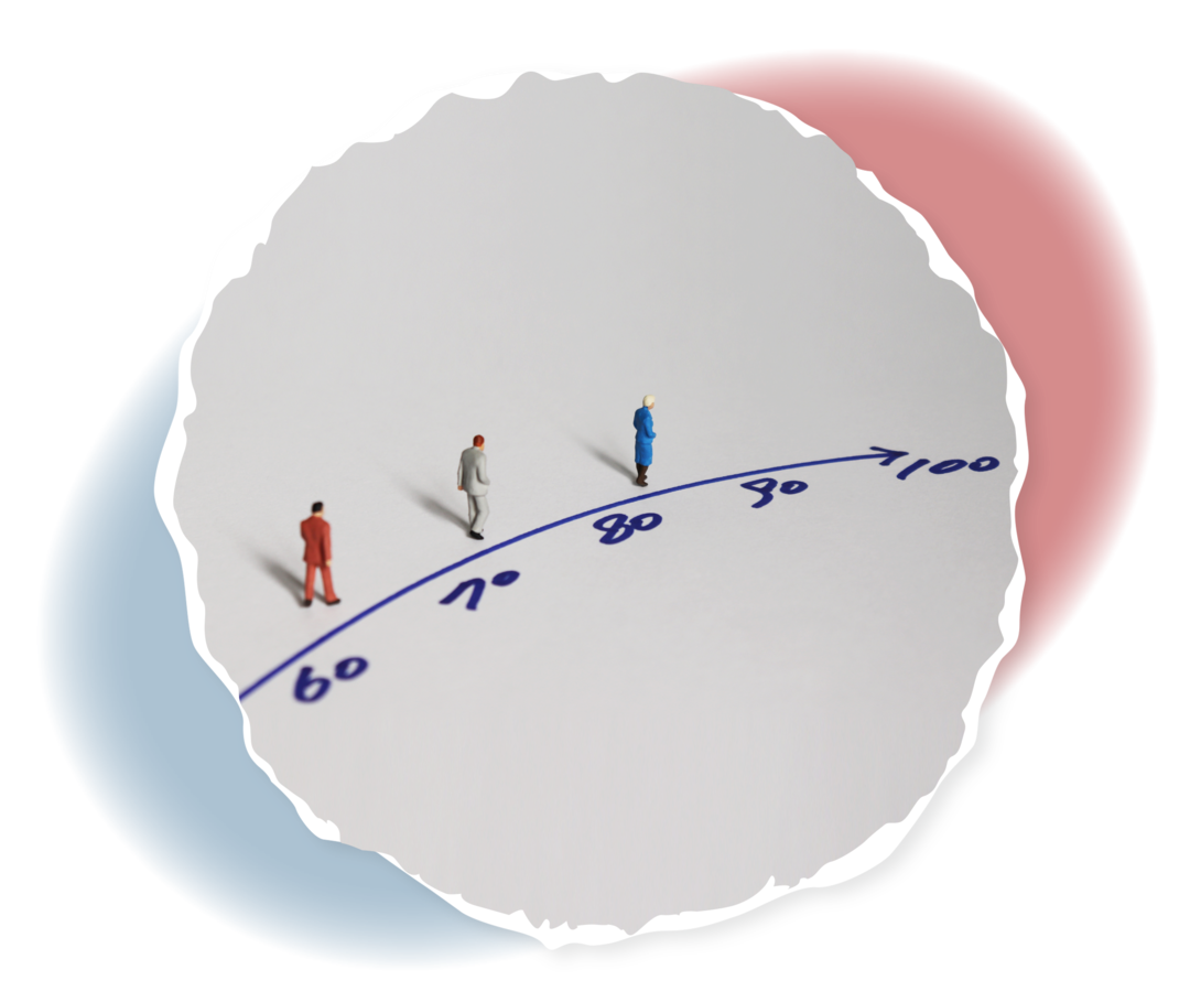 Abbildung eines Zeitstrahls, auf dem die Zahlen 60, 70, 80, 90 und 100 abgebildet sind. Darauf Menschen verschiedenen Alters.