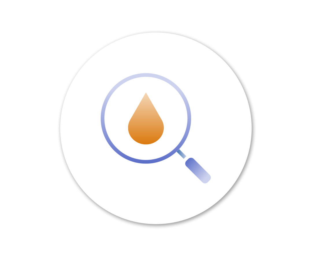PNH: Anämie Grafik einer blauen Lupe, in deren Mitte ein orangefarbener Tropfen zu sehen ist.