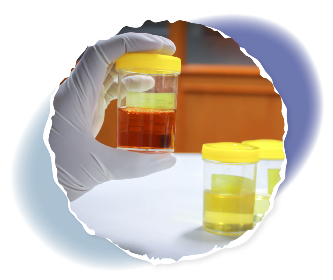 Eine Hand hält einen Becher mit einer bräunlichen Flüssigkeit in die Höhe. Auf einem Tisch stehen weitere Behälter mit verschiedenfarbigen Flüssigkeiten. 