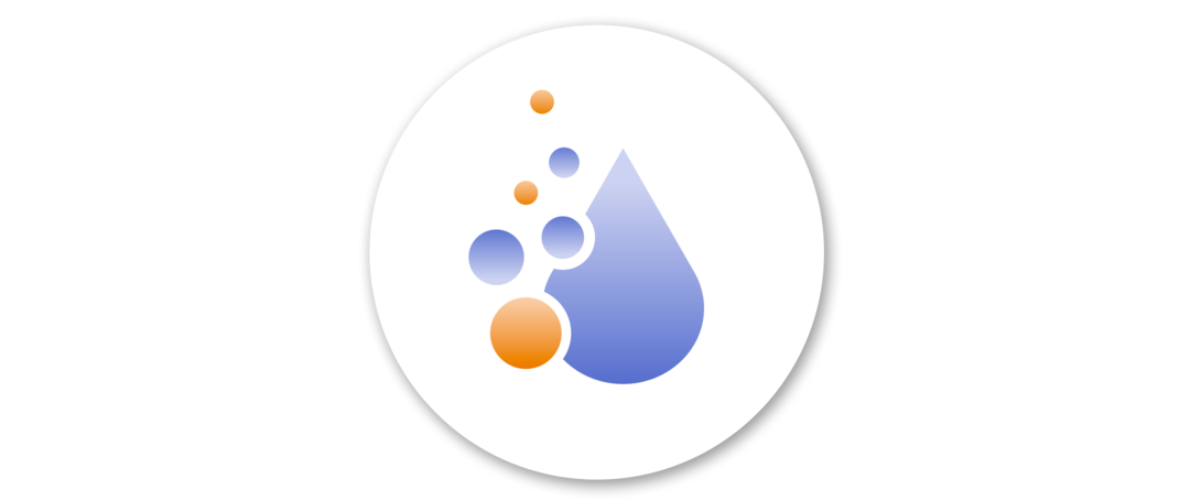 Grafik eines blauen Tropfens, daneben mehrere kleine Kreise in Orange und Blau. 