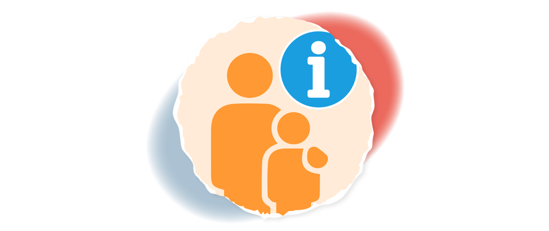 Schematische Darstellung eines Kindes mit einem Elternteil. Darüber ist ein „i“ abgebildet. 