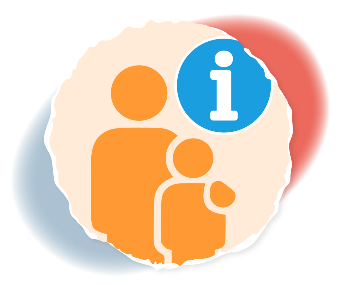 Schematische Darstellung eines Kindes mit einem Elternteil. Darüber ist ein „i“ abgebildet. 