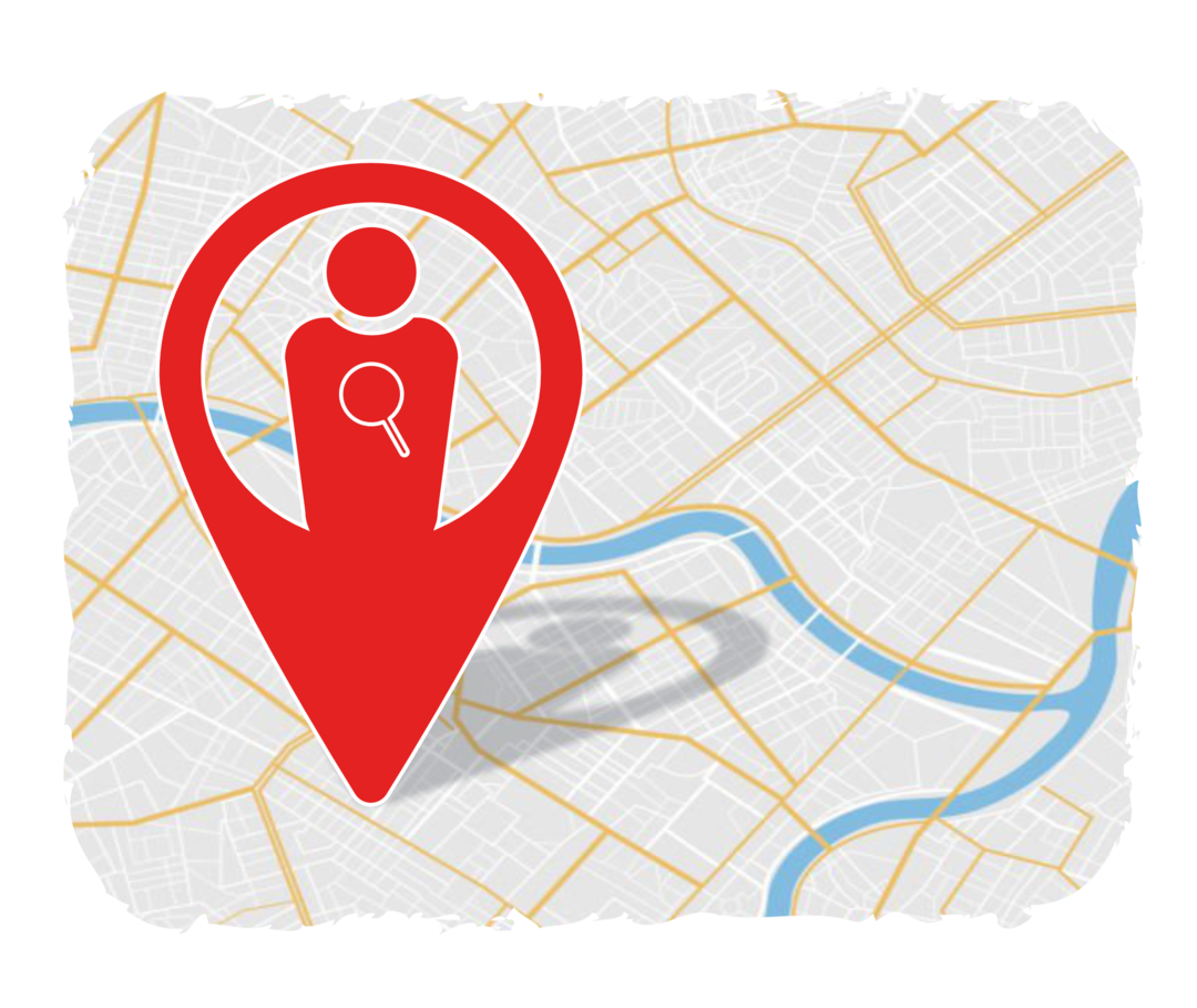 Icon für den Zentrumsfinder: eine Karte, auf der eine Ortsmarkierung abgebildet ist. 