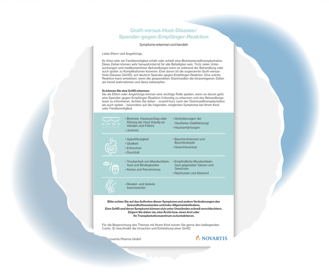 Titelseite des Flyers „Graft-versus-Host-Disease/Spender-gegen-Empfänger-Reaktion“.