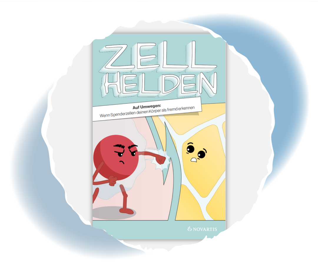Ein Comic-Blutstropfen schlägt auf eine Comic-Zelle, darüber der Schriftzug „Zell-Helden“.
