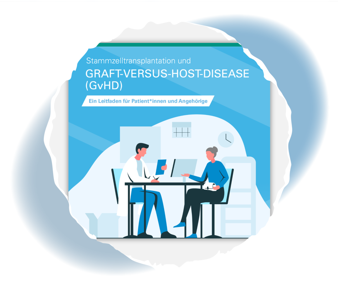 Grafik zweier Personen, die an einem Tisch sitzen. Darüber der Schriftzug „Stammzelltransplantation und Graft-versus-Host-Disease (GvHD)“.