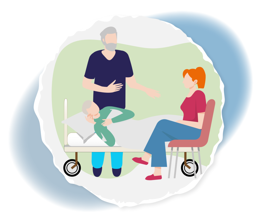 Grafik eines Kindes im Krankenbett, neben dem Bett eine stehende und eine sitzende Person.