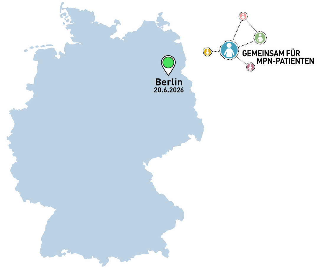 Die Grafik zeigt eine Deutschlandkarte mit Standorten und Terminen der nächsten MPN-Patiententage.